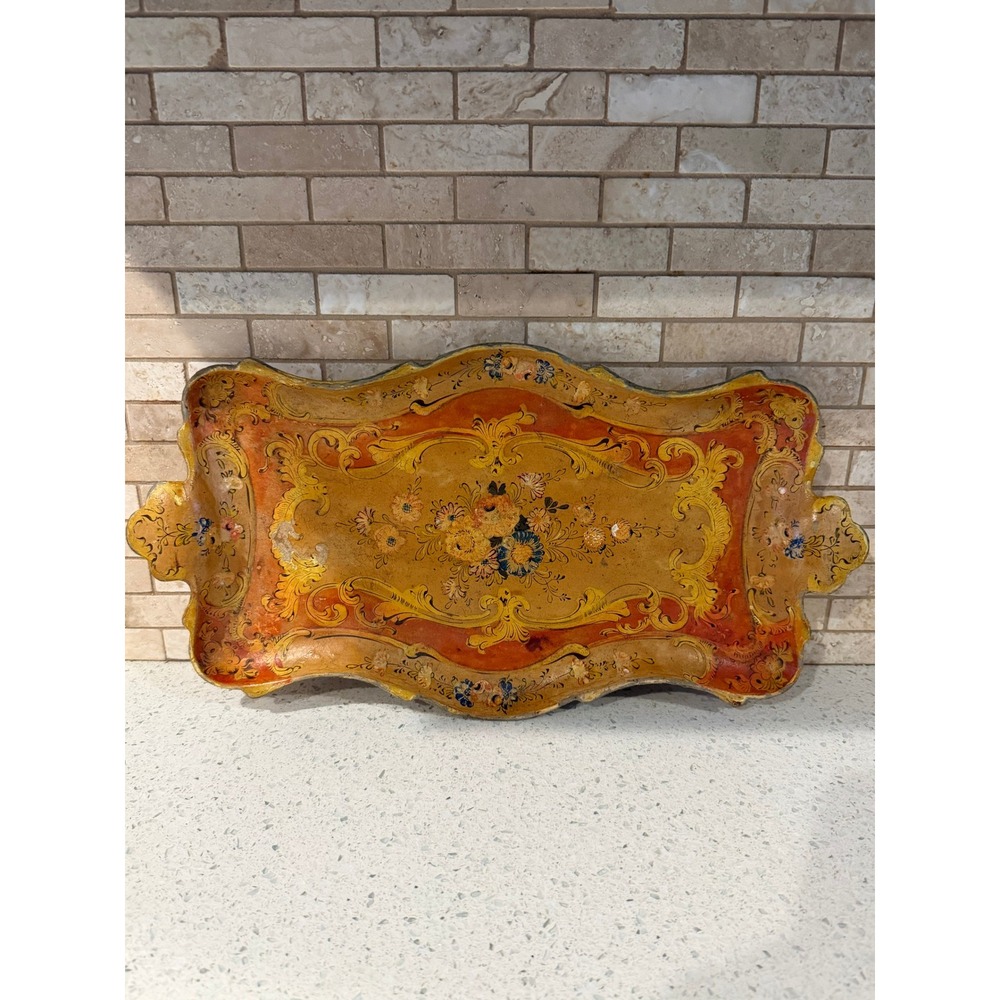 Vintage Florentine Hand Painted Floral Gold Orange Serving Tray Japan
